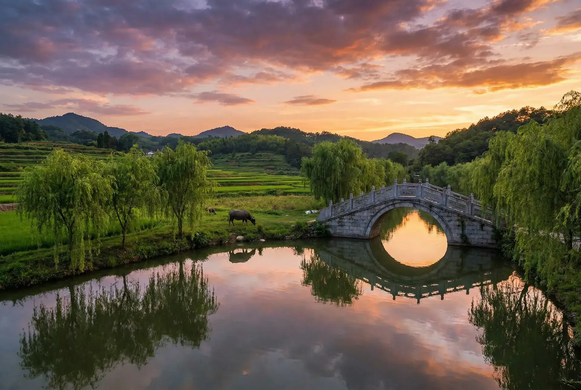 夕阳下的石拱桥与垂柳，水牛在河边吃草 - 麻生希的种子 乡村美景